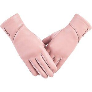 Women's Pink Winter Leather Suede Gloves Wool Lined Windproof Touchscreen